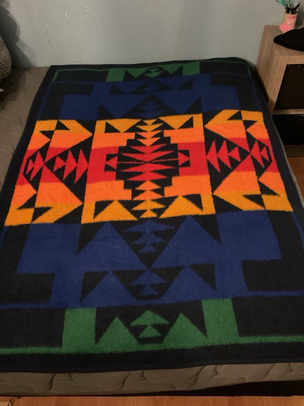 Vintage Biederlack Aztec Blanket Blue Green Red Orange 74x54 Colorful